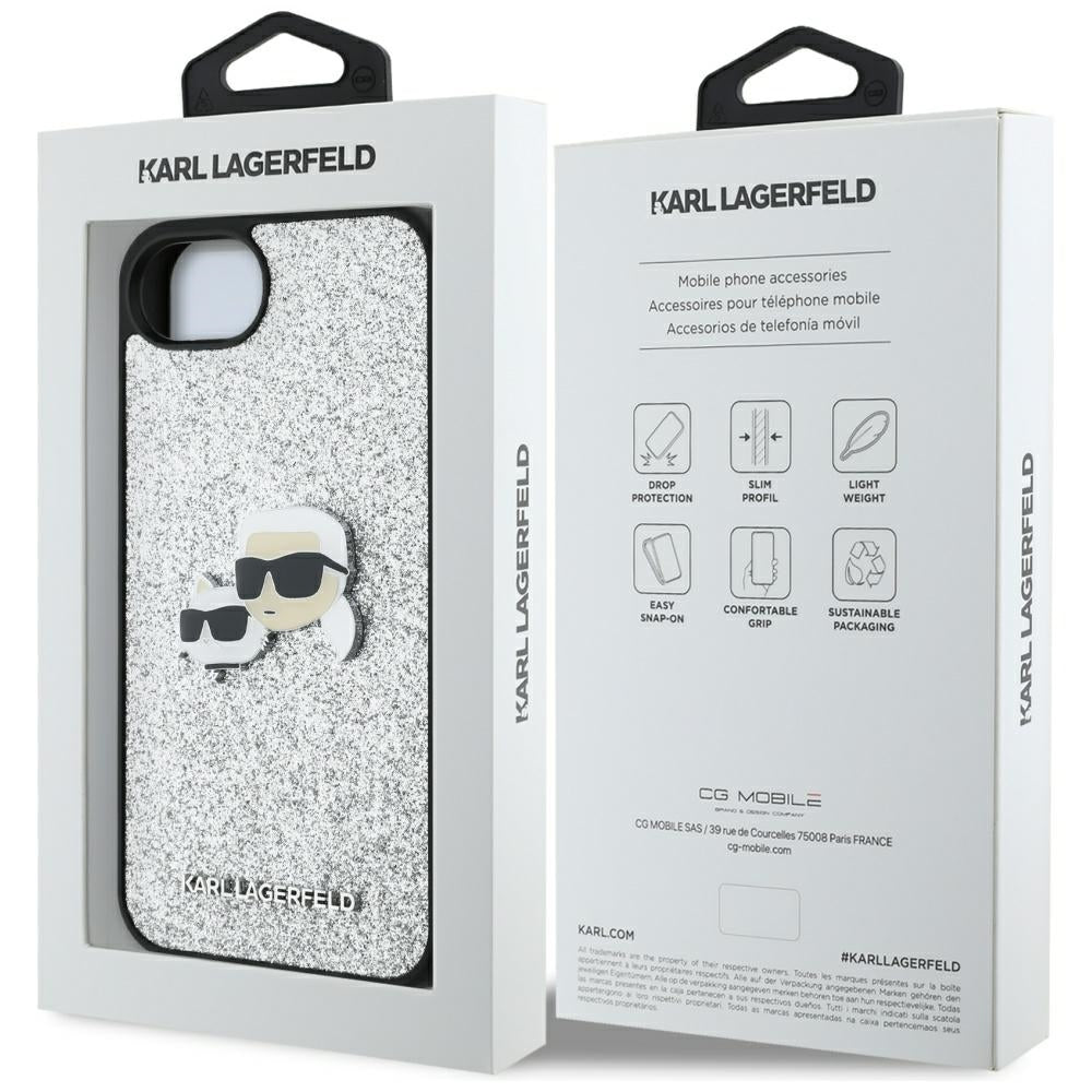 Hülle für Apple iPhone 16e, Karl Lagerfeld, Glitter Fixed Karl & Choupette's Heads, Silbern
