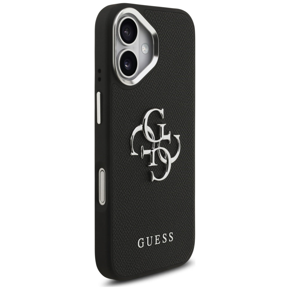 Hülle für Apple iPhone 17, Guess, 4G Grained Big and Classic Logo, Schwarz Silbern