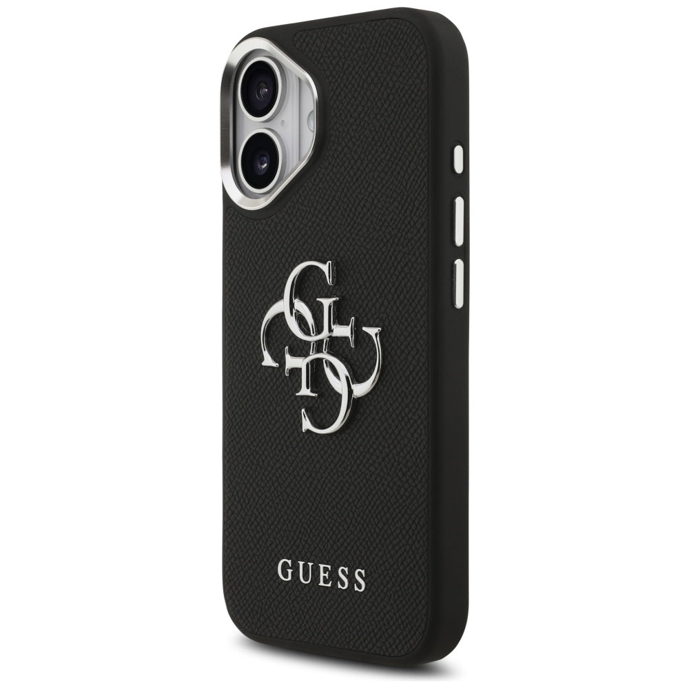 Hülle für Apple iPhone 17, Guess, 4G Grained Big and Classic Logo, Schwarz Silbern