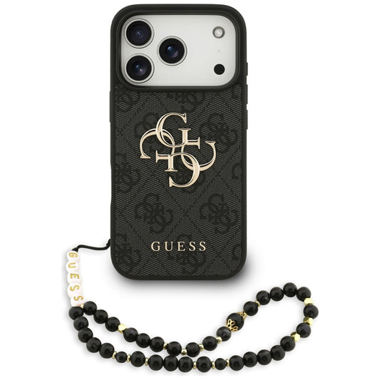 Hülle für Apple iPhone 17 Pro, Guess, 4G Classic Logo mit Trageriemen, Schwarz