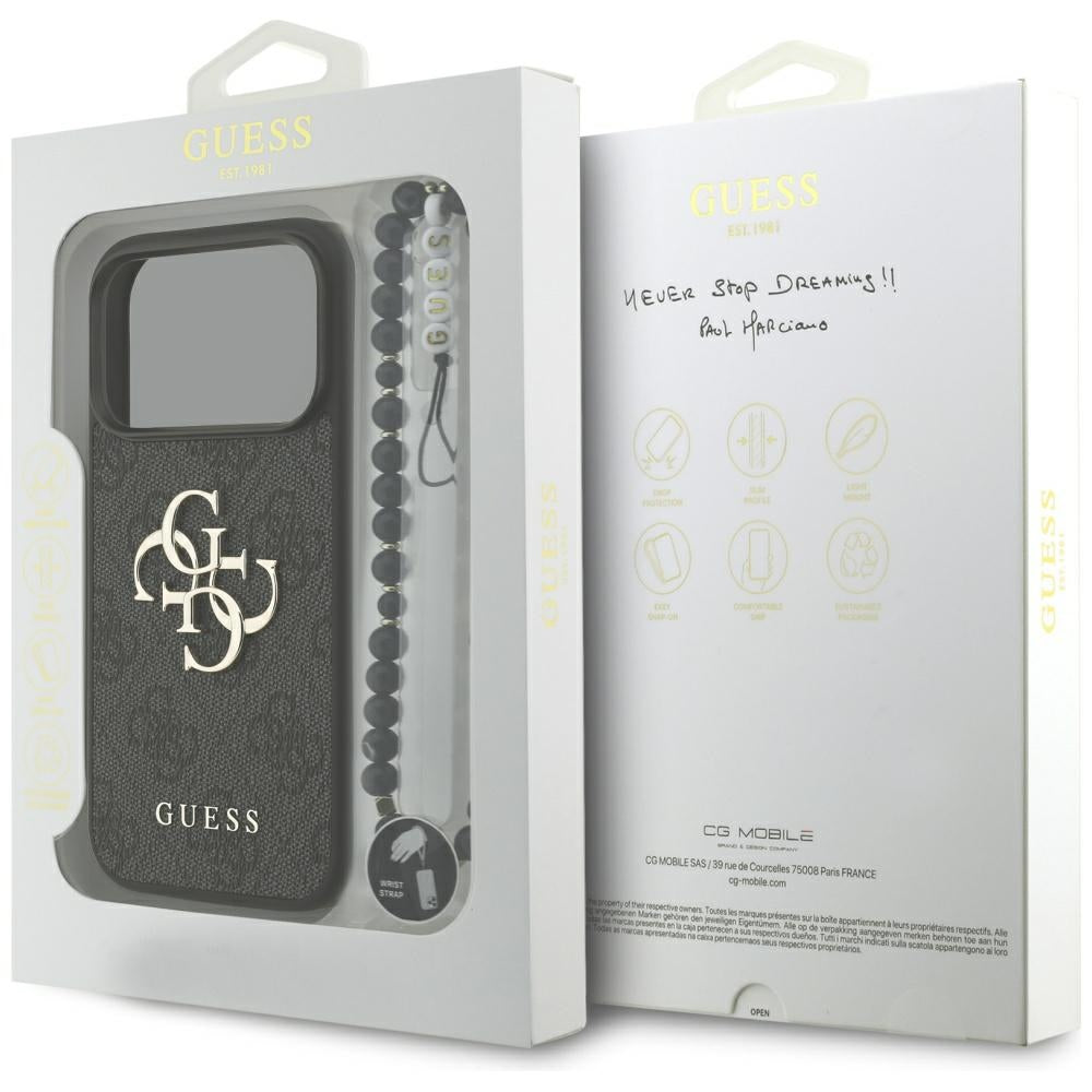 Hülle für Apple iPhone 17 Pro, Guess, 4G Classic Logo mit Trageriemen, Schwarz