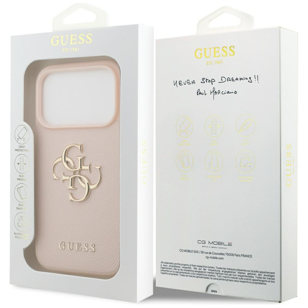 Hülle für Apple iPhone 17 Pro, Guess, 4G Grained Big and Classic Logo, Rosa