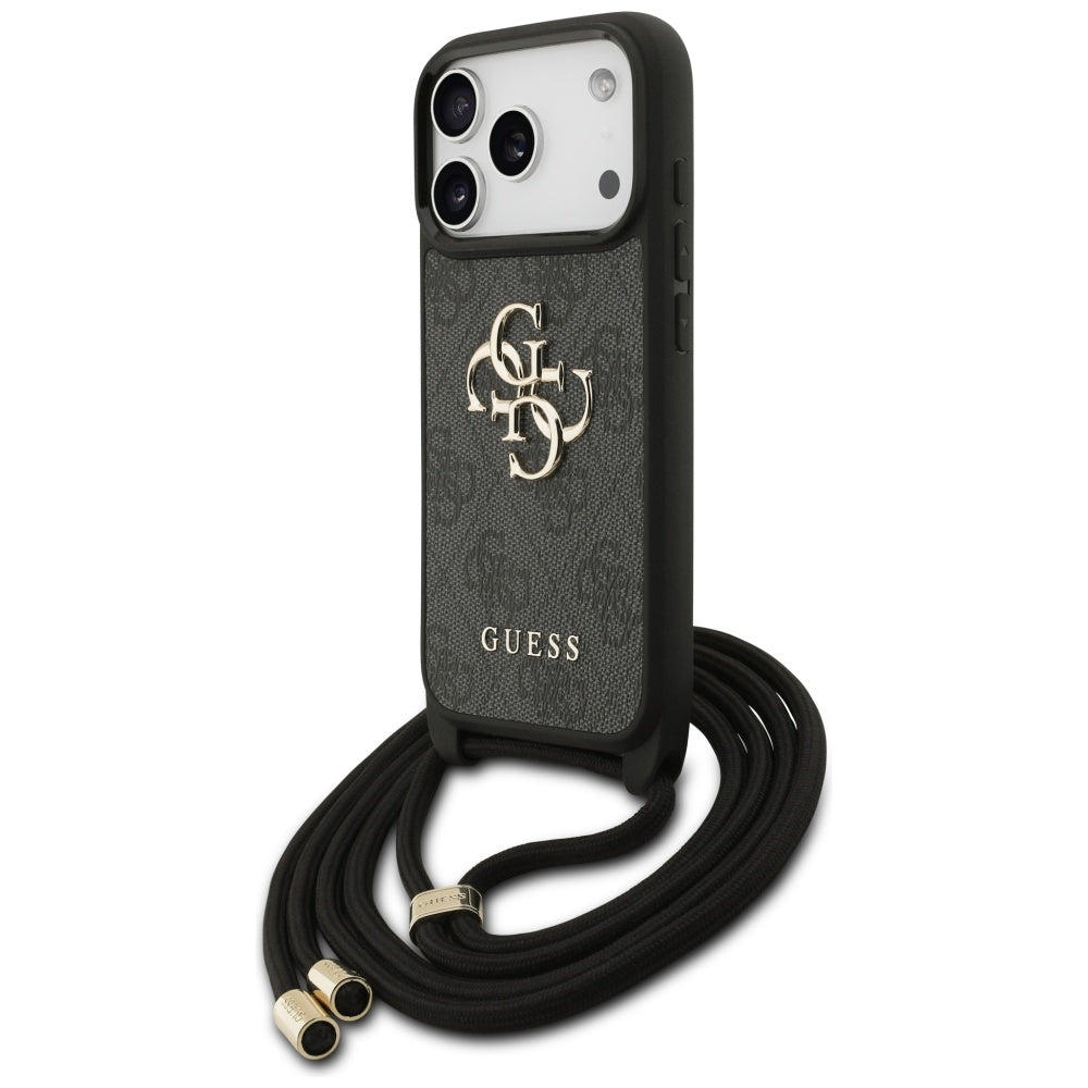Hülle für Apple iPhone 17 Pro, Guess, Crossbody Cord 4G Big Log, Schwarz