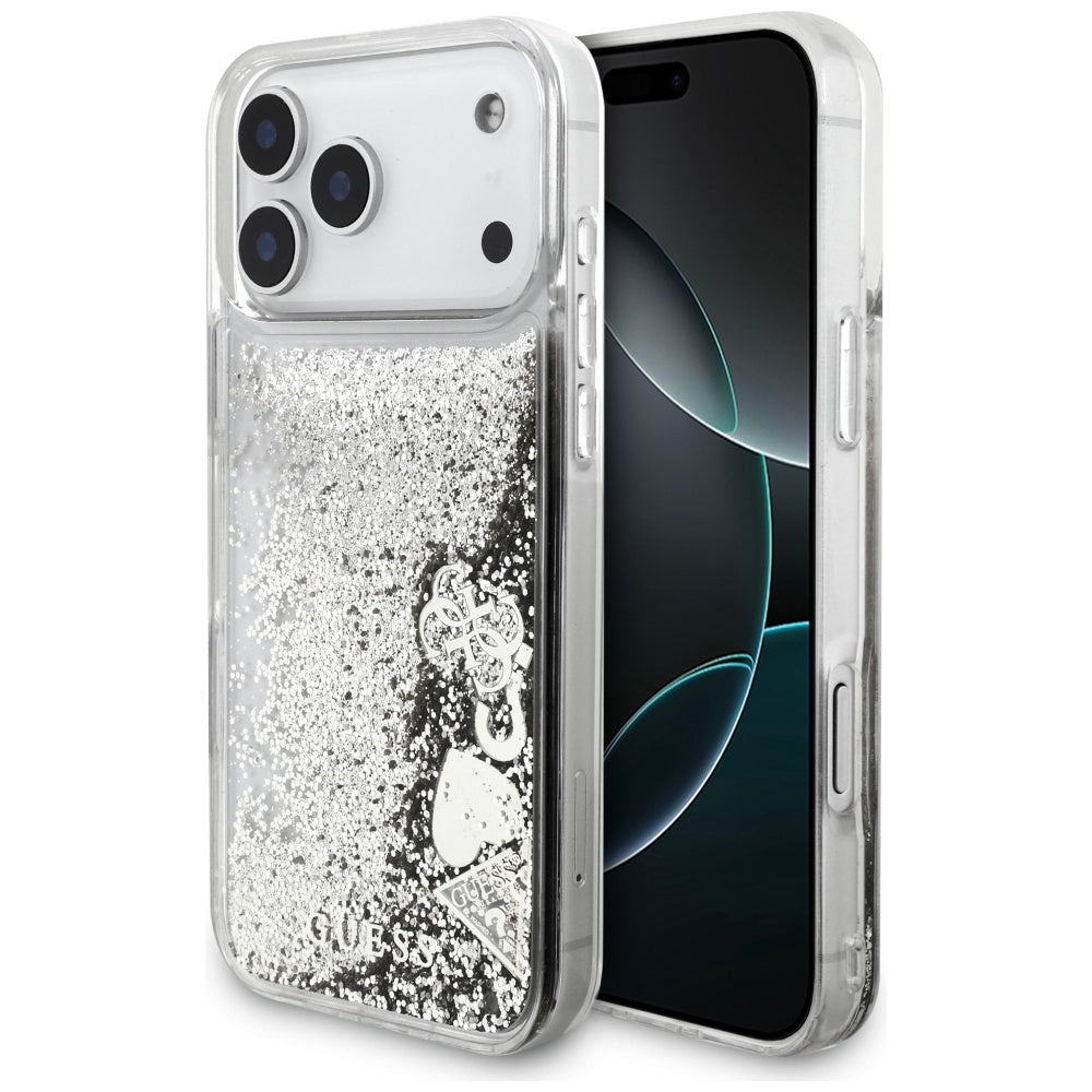 Hülle für Apple iPhone 17 Pro, Guess, Liquid Glitter Charms, Silbern