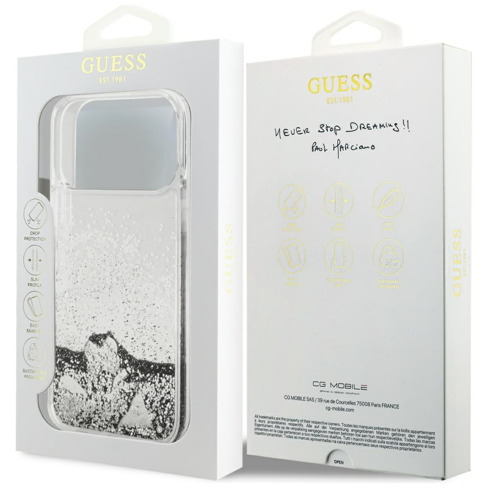 Hülle für Apple iPhone 17 Pro, Guess, Liquid Glitter Charms, Silbern
