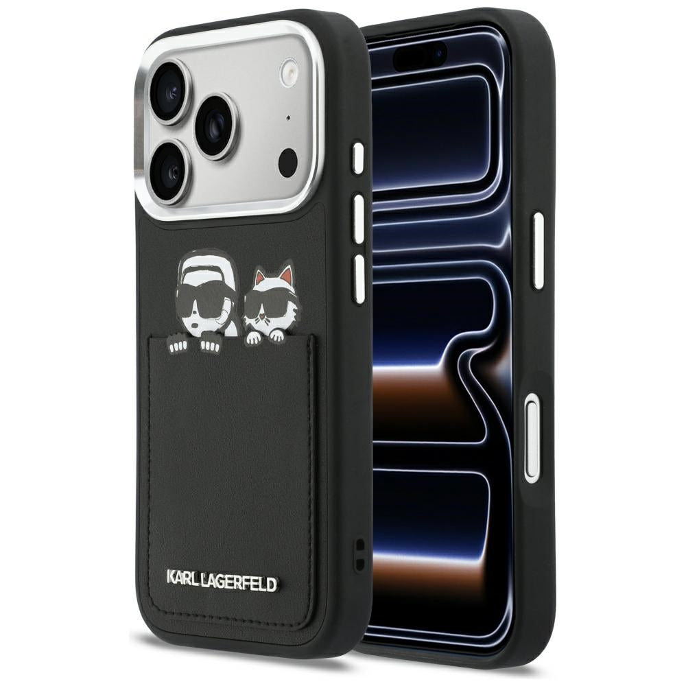 Hülle für Apple iPhone 17 Pro, Karl Lagerfeld, Karl & Choupette Print mit Tasche, Schwarz