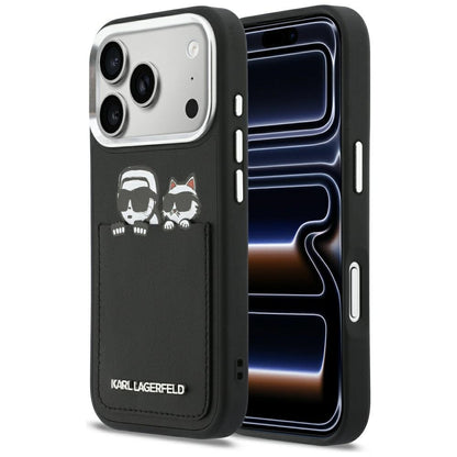Hülle für Apple iPhone 17 Pro, Karl Lagerfeld, Karl & Choupette Print mit Tasche, Schwarz