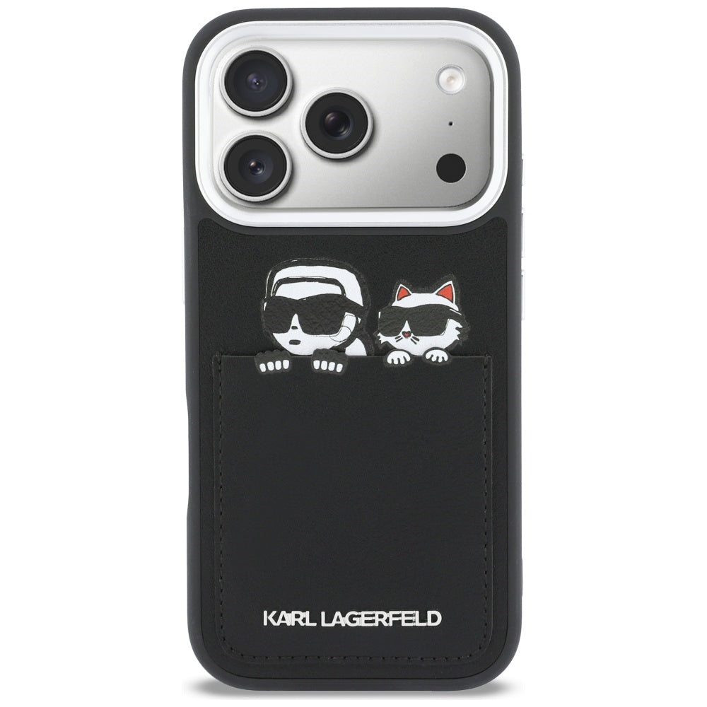 Hülle für Apple iPhone 17 Pro, Karl Lagerfeld, Karl & Choupette Print mit Tasche, Schwarz