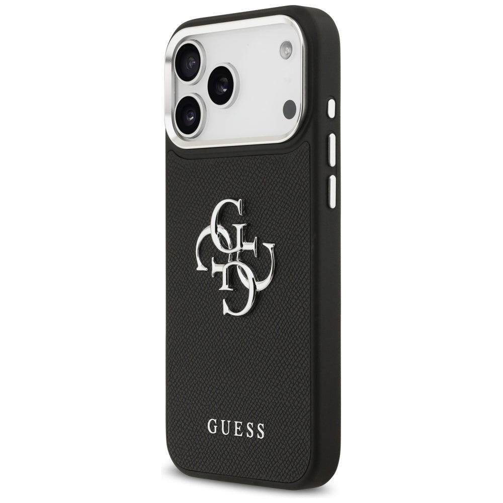 Case for Apple iPhone 17 Pro Max, Guess, 4G Grained Big and Classic Logo, Black Silver