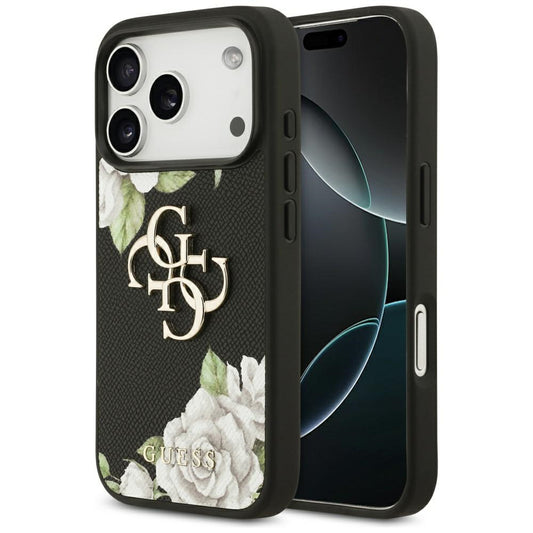 Hülle für Apple iPhone 17 Pro Max, Guess, 4G Grained Roses Big Logo, Schwarz