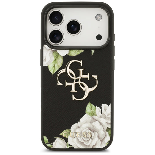 Hülle für Apple iPhone 17 Pro Max, Guess, 4G Grained Roses Big Logo, Schwarz