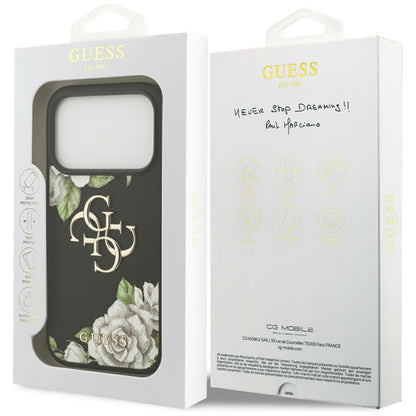 Hülle für Apple iPhone 17 Pro Max, Guess, 4G Grained Roses Big Logo, Schwarz