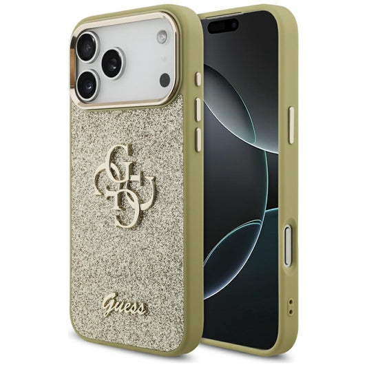 Hülle für Apple iPhone 17 Pro Max, Guess, Fixed Glitter Big 4G Metal Frame, Gold