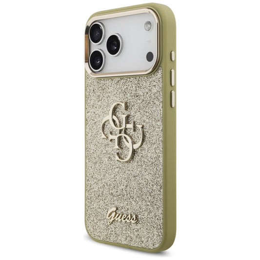 Hülle für Apple iPhone 17 Pro Max, Guess, Fixed Glitter Big 4G Metal Frame, Gold