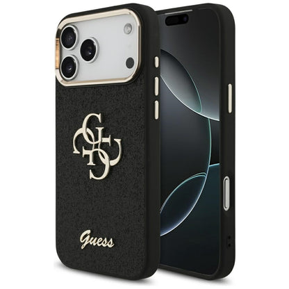 Hülle für Apple iPhone 17 Pro Max, Guess, Fixed Glitter Big 4G Metal Frame, Schwarz