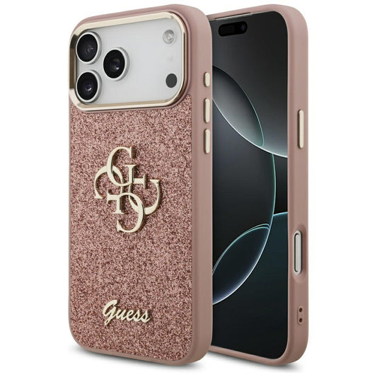 Hülle für Apple iPhone 17 Pro Max, Guess, Fixed Glitter Big 4G Metal Frame, Rosa