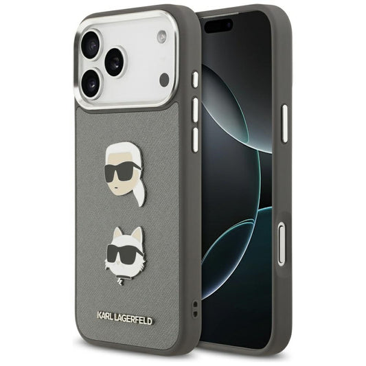 Hülle für Apple iPhone 17 Pro Max, Karl Lagerfeld, Grained Karl & Choupette's Heads Pins and Logo, Grau