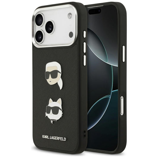 Hülle für Apple iPhone 17 Pro Max, Karl Lagerfeld, Grained Karl & Choupette's Heads Pins and Logo, Schwarz