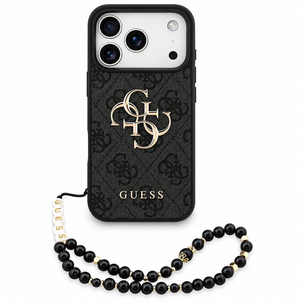 Hülle für Apple iPhone 18 Pro / 17 Pro, Guess, 4G Classic Logo mit Riemen, Schwarz