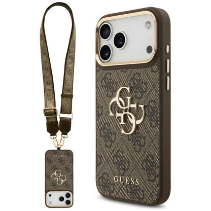 Hülle für Apple iPhone 18 Pro / 17 Pro, Guess, Big 4G Classic Logo & Big Strap Metal Buttons, Braun