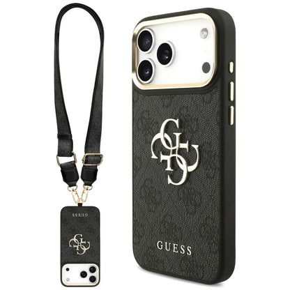 Hülle für Apple iPhone 18 Pro / 17 Pro, Guess, Big 4G Classic Logo & Big Strap Metal Buttons, Schwarz
