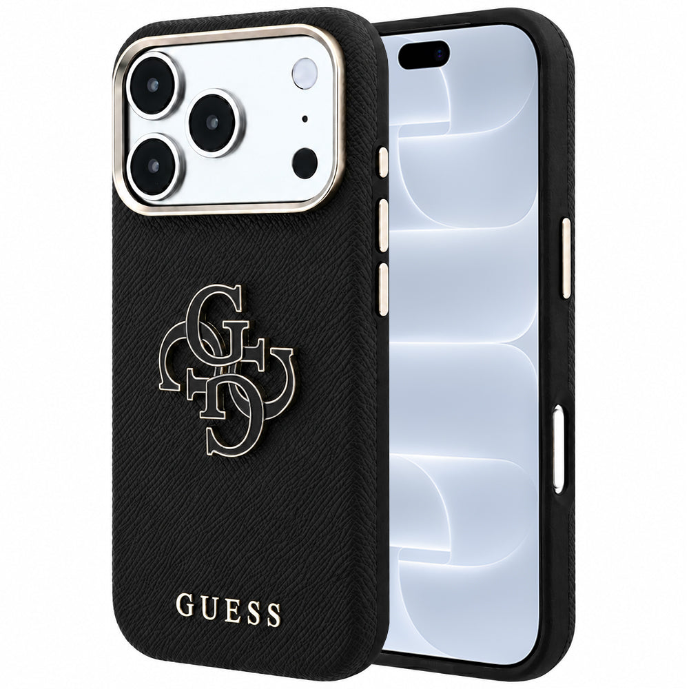 Hülle für Apple iPhone 18 Pro / 17 Pro, Guess, Geprägtes großes Harzlogo, Schwarz