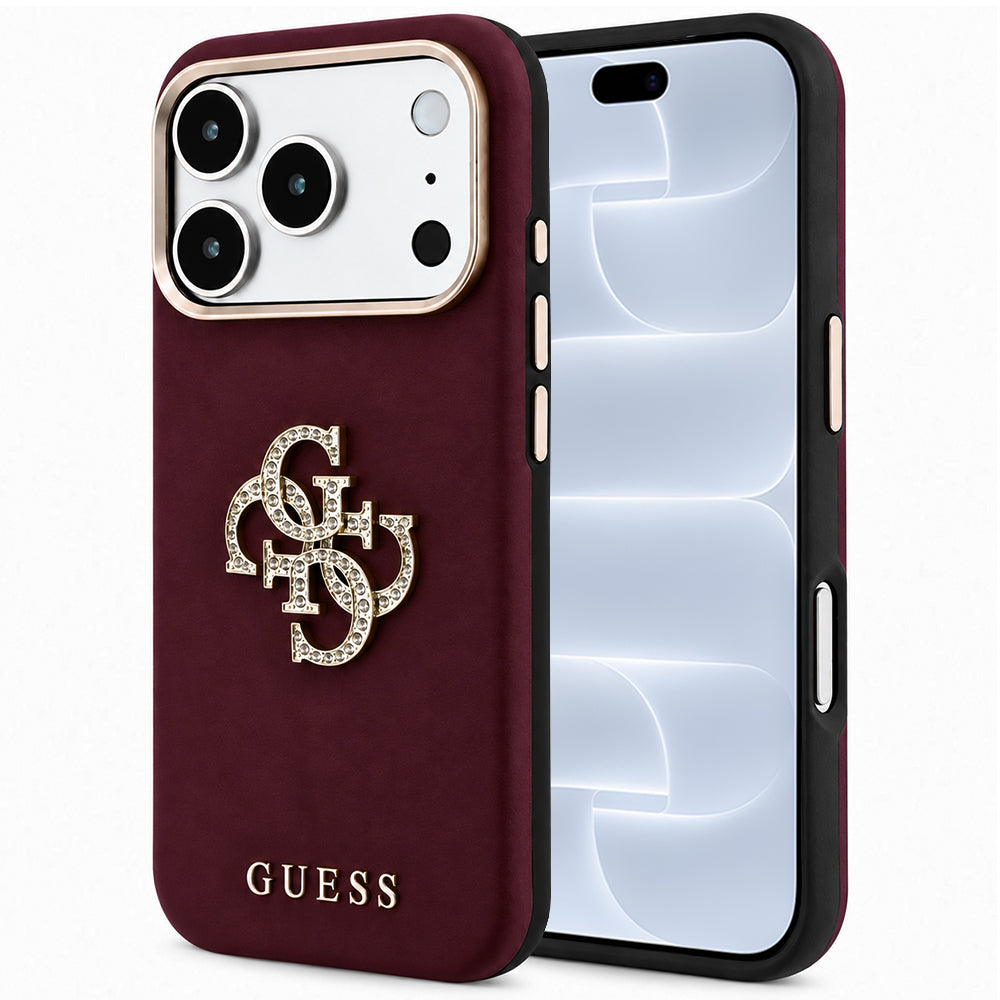 Hülle für Apple iPhone 18 Pro / 17 Pro, Guess, Glattes großes Strass-Logo, Weinrot