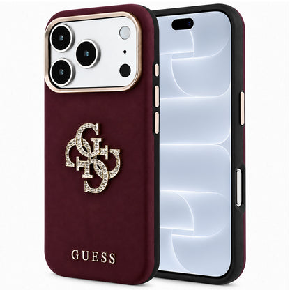 Hülle für Apple iPhone 18 Pro / 17 Pro, Guess, Glattes großes Strass-Logo, Weinrot
