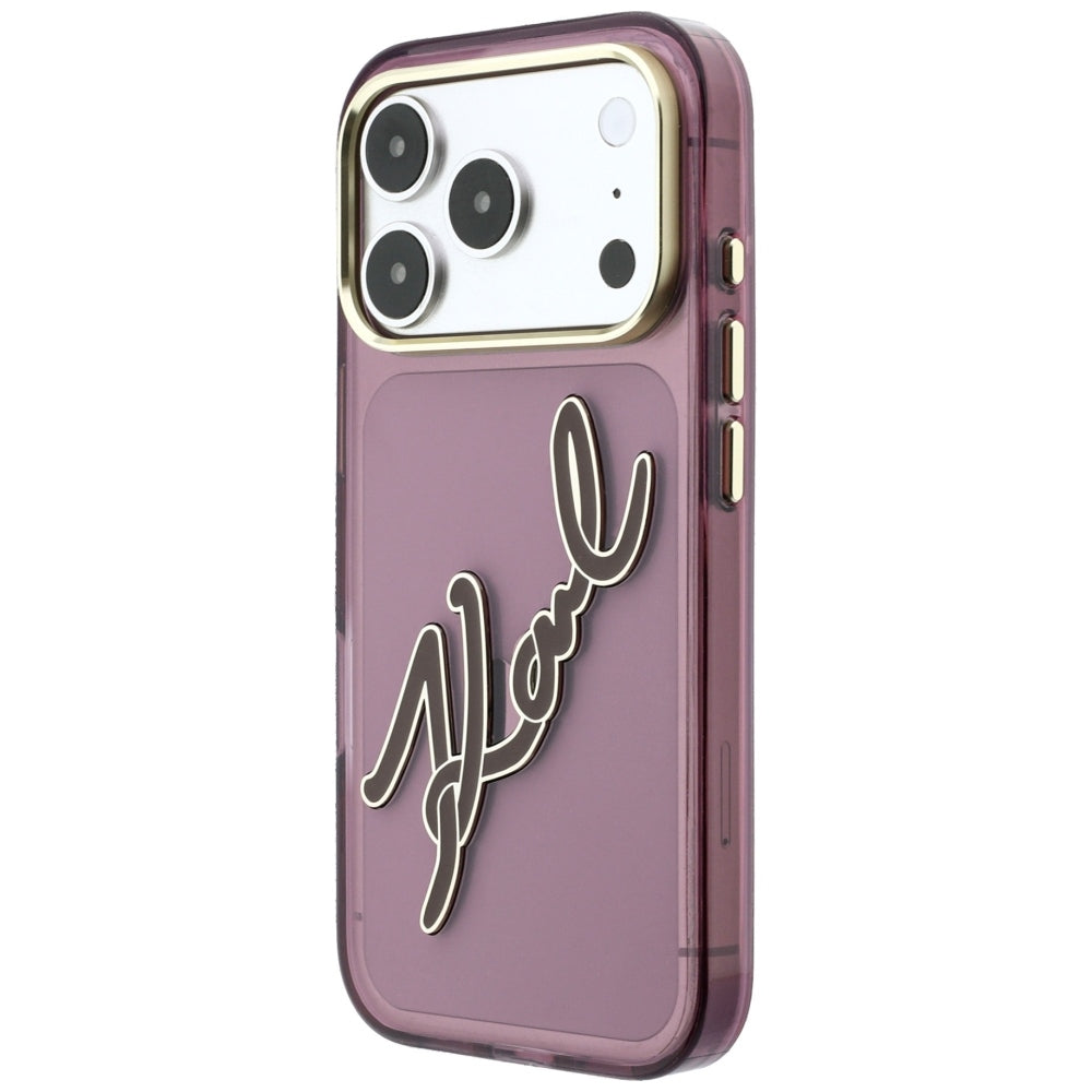 Hülle für Apple iPhone 18 Pro / 17 Pro, Karl Lagerfeld, IML Big Signature Resin Logo und Metallrahmen, Weinrot