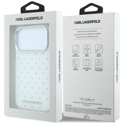 Hülle für Apple iPhone 18 Pro / 17 Pro, Karl Lagerfeld, IML Strasssteine und galvanisiertes Logo, Weiß