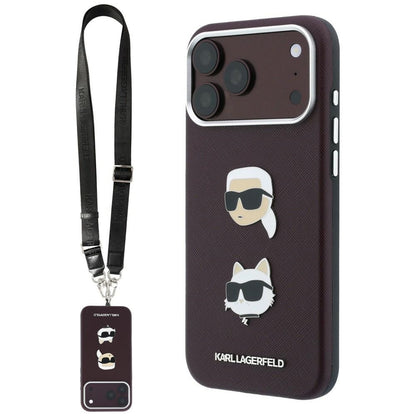 Hülle für Apple iPhone 18 Pro / 17 Pro, Karl Lagerfeld, Saffiano Crossbody Karl & Choupette Head's Pins Logo, Bordeauxrot