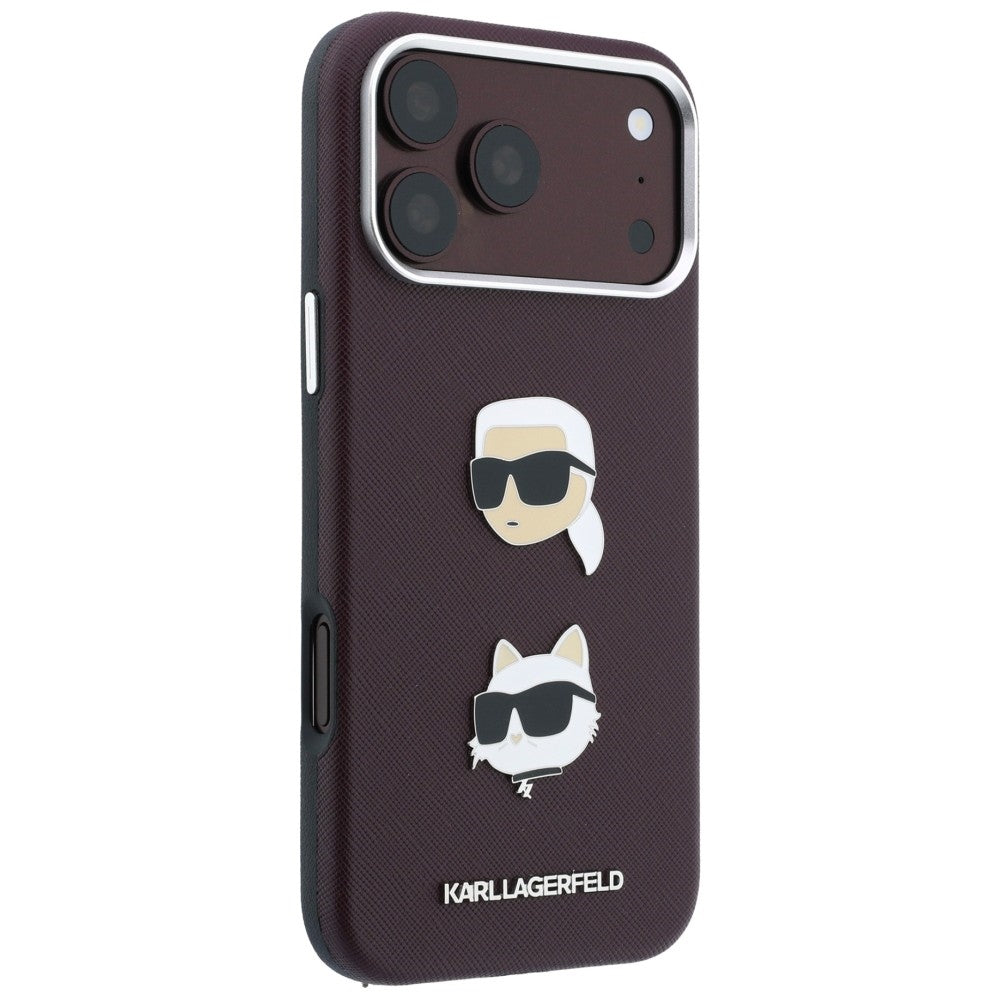 Hülle für Apple iPhone 18 Pro / 17 Pro, Karl Lagerfeld, Saffiano Crossbody Karl & Choupette Head's Pins Logo, Bordeauxrot