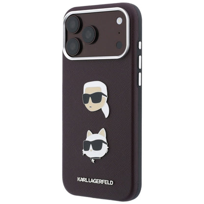 Hülle für Apple iPhone 18 Pro / 17 Pro, Karl Lagerfeld, Saffiano Crossbody Karl & Choupette Head's Pins Logo, Bordeauxrot