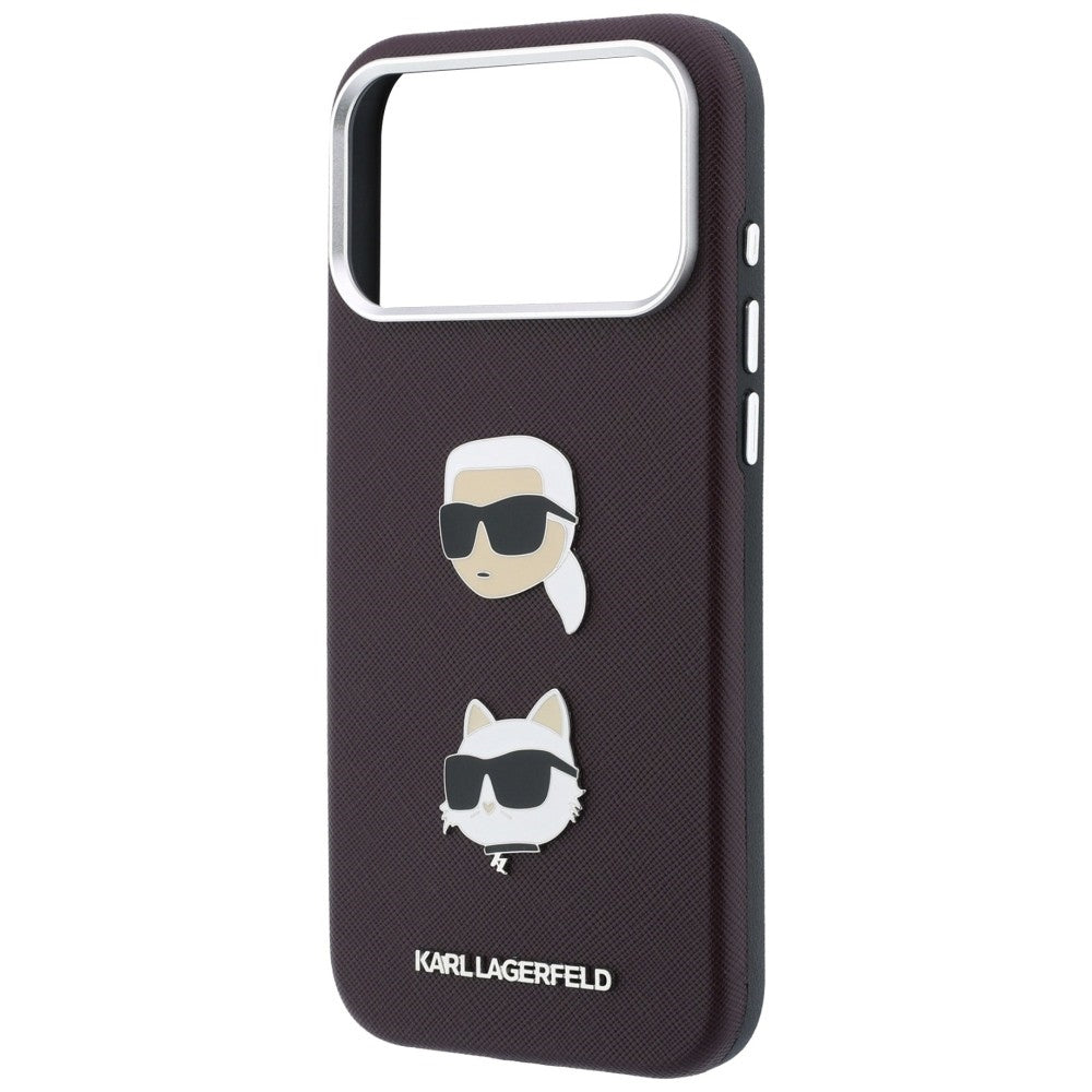 Hülle für Apple iPhone 18 Pro / 17 Pro, Karl Lagerfeld, Saffiano Crossbody Karl & Choupette Head's Pins Logo, Bordeauxrot