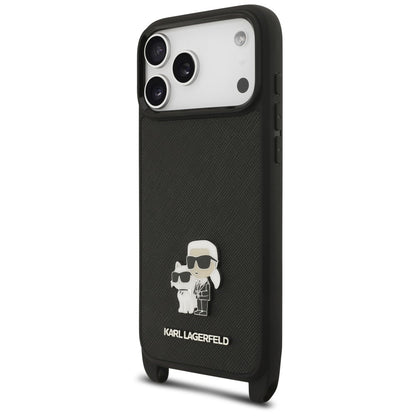 Hülle für Apple iPhone 18 Pro / 17 Pro, Karl Lagerfeld, Saffiano Crossbody Metal Pin Karl & Choupette, Schwarz