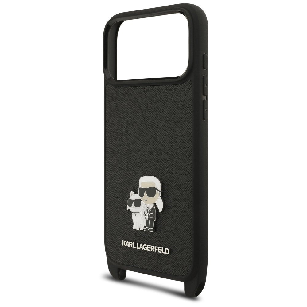 Hülle für Apple iPhone 18 Pro / 17 Pro, Karl Lagerfeld, Saffiano Crossbody Metal Pin Karl & Choupette, Schwarz