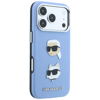 Hülle für Apple iPhone 18 Pro / 17 Pro, Karl Lagerfeld, Saffiano mit Karl-&-Choupette-Kopf-Pin und Logo, Blau
