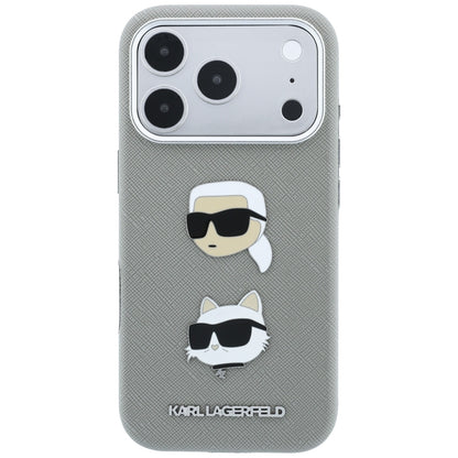 Hülle für Apple iPhone 18 Pro / 17 Pro, Karl Lagerfeld, Saffiano mit Karl-&-Choupette-Kopf-Pin und Logo, Grau