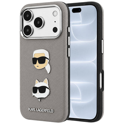 Hülle für Apple iPhone 18 Pro / 17 Pro, Karl Lagerfeld, Saffiano mit Karl-&-Choupette-Kopf-Pin und Logo, Grau
