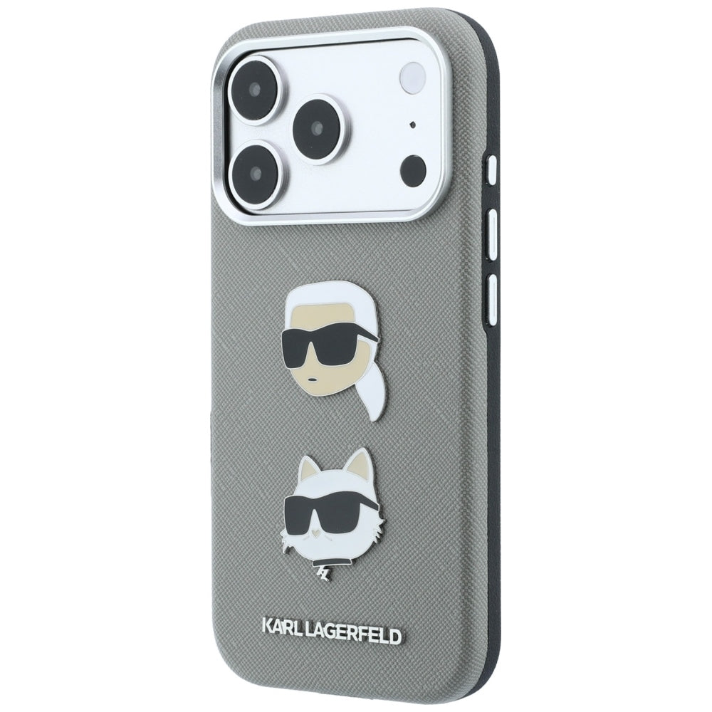 Hülle für Apple iPhone 18 Pro / 17 Pro, Karl Lagerfeld, Saffiano mit Karl-&-Choupette-Kopf-Pin und Logo, Grau