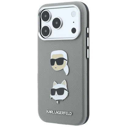 Hülle für Apple iPhone 18 Pro / 17 Pro, Karl Lagerfeld, Saffiano mit Karl-&-Choupette-Kopf-Pin und Logo, Grau