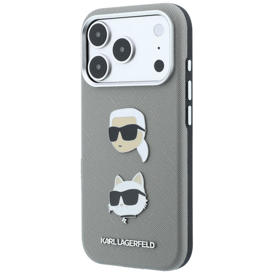 Hülle für Apple iPhone 18 Pro / 17 Pro, Karl Lagerfeld, Saffiano mit Karl-&-Choupette-Kopf-Pin und Logo, Grau