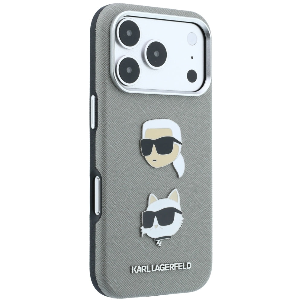 Hülle für Apple iPhone 18 Pro / 17 Pro, Karl Lagerfeld, Saffiano mit Karl-&-Choupette-Kopf-Pin und Logo, Grau