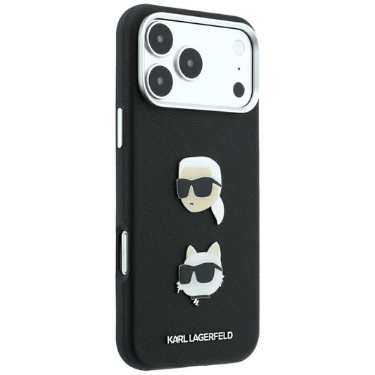 Hülle für Apple iPhone 18 Pro / 17 Pro, Karl Lagerfeld, Saffiano mit Karl-&-Choupette-Kopf-Pin und Logo, Schwarz