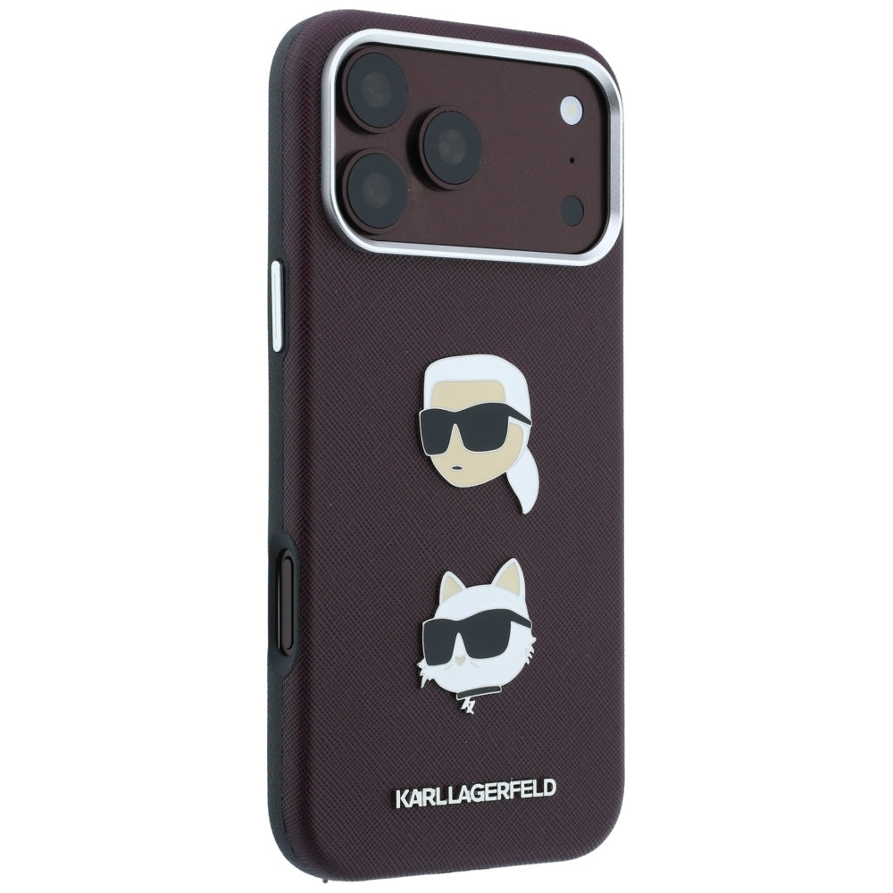 Hülle für Apple iPhone 18 Pro / 17 Pro, Karl Lagerfeld, Saffiano mit Karl & Choupette Kopf-Pin und Logo, Weinrot