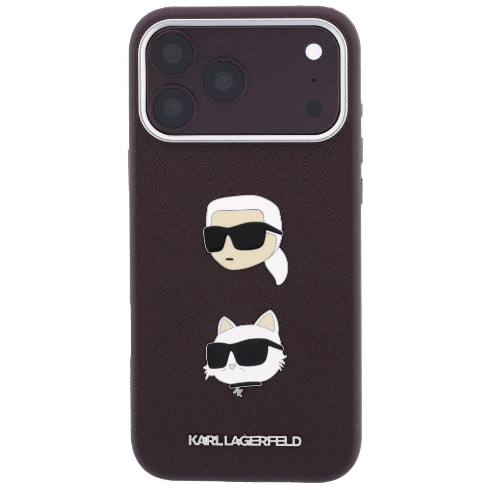Hülle für Apple iPhone 18 Pro Max / 17 Pro Max, Karl Lagerfeld, Saffiano Crossbody Karl & Choupette Head's Pins Logo, Bordeauxrot