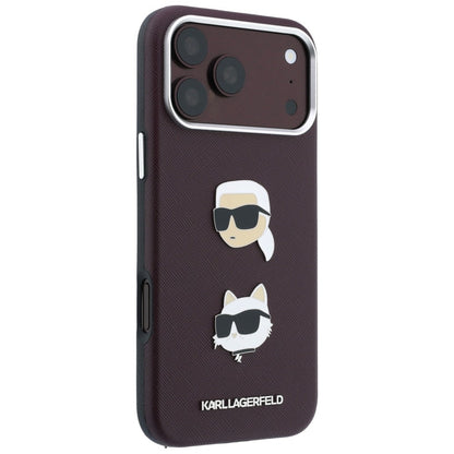 Hülle für Apple iPhone 18 Pro Max / 17 Pro Max, Karl Lagerfeld, Saffiano Crossbody Karl & Choupette Head's Pins Logo, Bordeauxrot