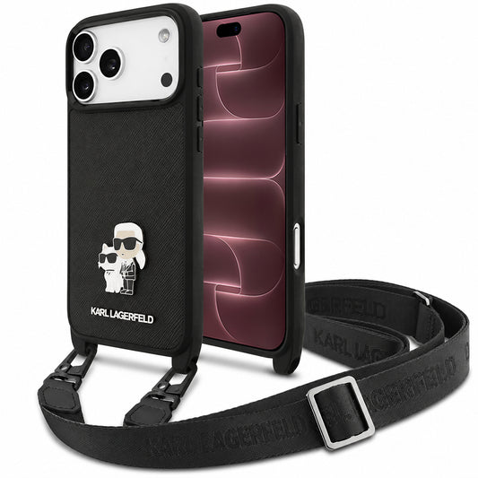 Hülle für Apple iPhone 18 Pro Max / 17 Pro Max, Karl Lagerfeld, Saffiano Crossbody Metal Pin Karl & Choupette, Schwarz