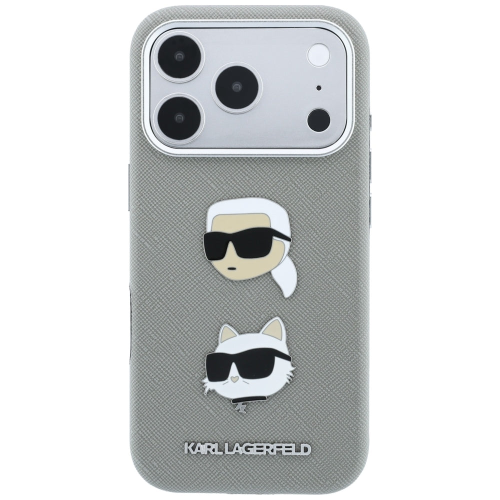 Hülle für Apple iPhone 18 Pro Max / 17 Pro Max, Karl Lagerfeld, Saffiano mit Karl & Choupette-Kopf-Pin und Logo, Grau