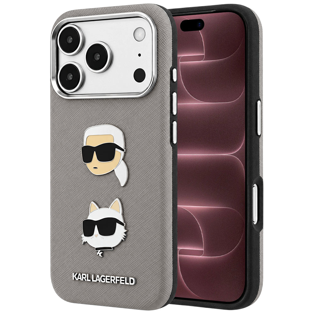 Hülle für Apple iPhone 18 Pro Max / 17 Pro Max, Karl Lagerfeld, Saffiano mit Karl & Choupette-Kopf-Pin und Logo, Grau